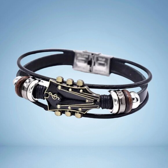 Black Guitar Faux Leather Bracelet – Unisex Style #1477 - Picture 1 of 4